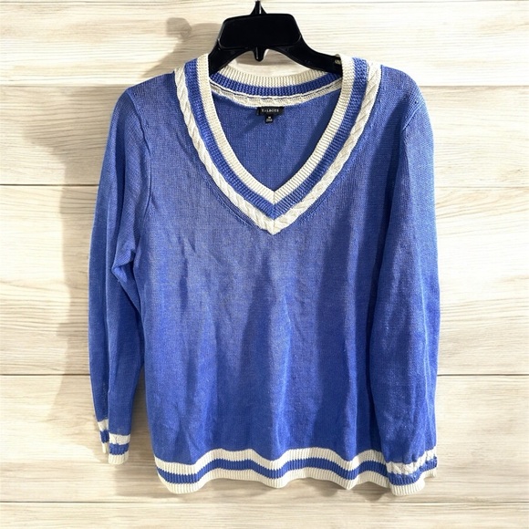Talbots Sweater Womens Medium Blue Linen Knit Relaxed Crop Varsity Pullover - Picture 1 of 6